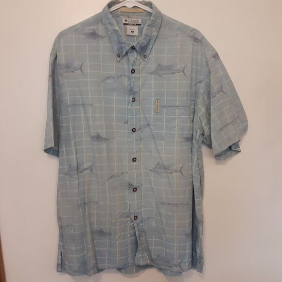 Columbia Shirt Mens XL River Lodge Button Up Blue All Over Fish Print Camp AOP - Picture 1 of 8